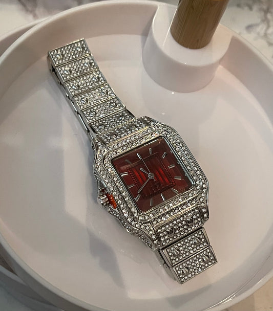 Fully Iced Out Red/Silver Watch